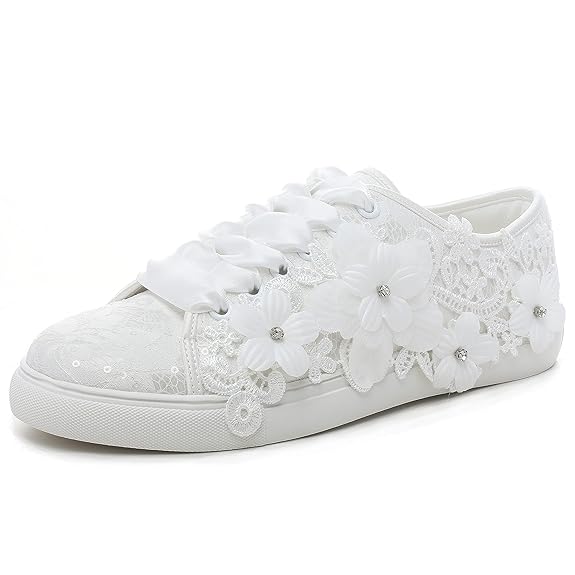 Elivandon 16054 Wedding Shoes Bridal Sneakers Flats Bride Tennis Shoes Flowers L