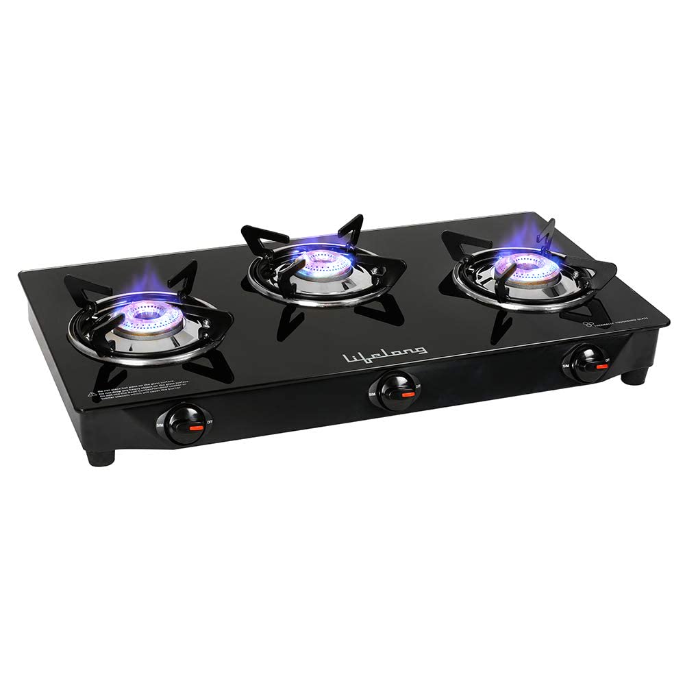 Lifelong LLGS18 Glass Top 3 Burner Gas Stove, Manual Ignition, LPG Compatible, B